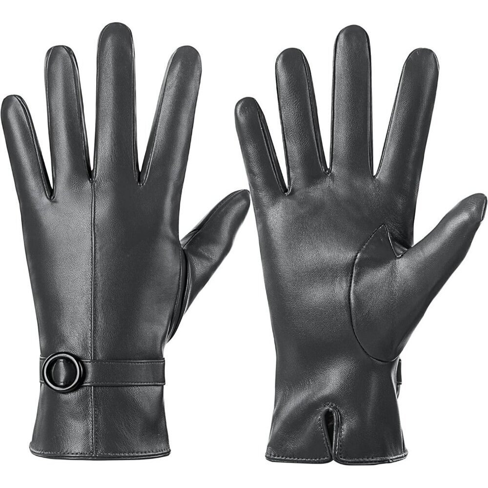 Women's Gray Lambskin Leather Gloves Warm Touchscreen Winter Driving Gift